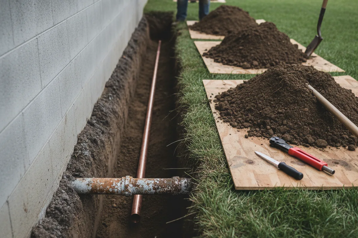 Excavated water line trench during Sewer Line Repair in Old Saybrook